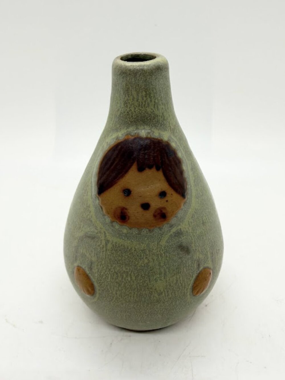 Vintage MCM Japan 4” Green Stoneware Pottery Bud Vase Weed Pot Baby Child Face